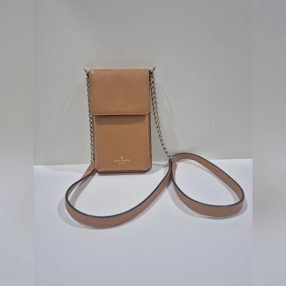 Kate Spade Tan Brown Leather North South Phone Crossbody Bag Purse